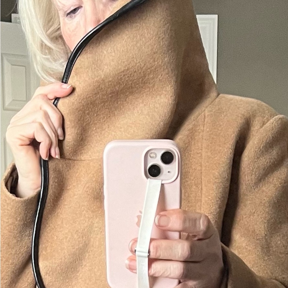 Camel wool coat large statement shawl collar